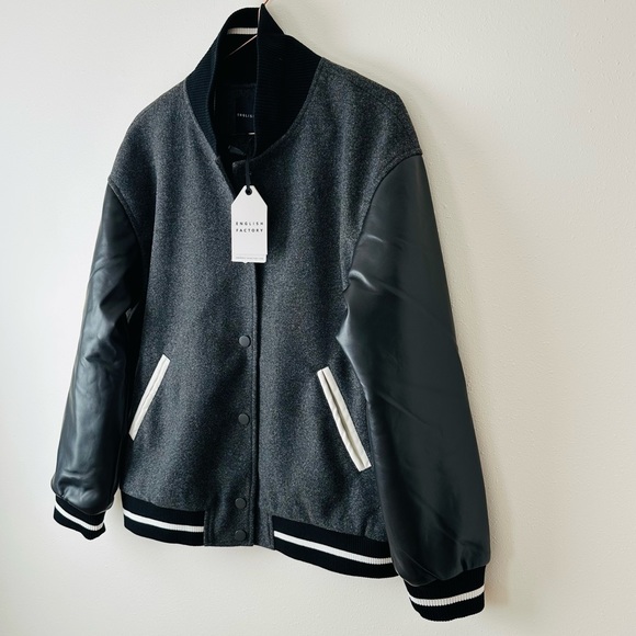 New ENGLISH FACTORY Mixed Media Baseball Collar Bomber Jacket Black - Picture 4 of 11